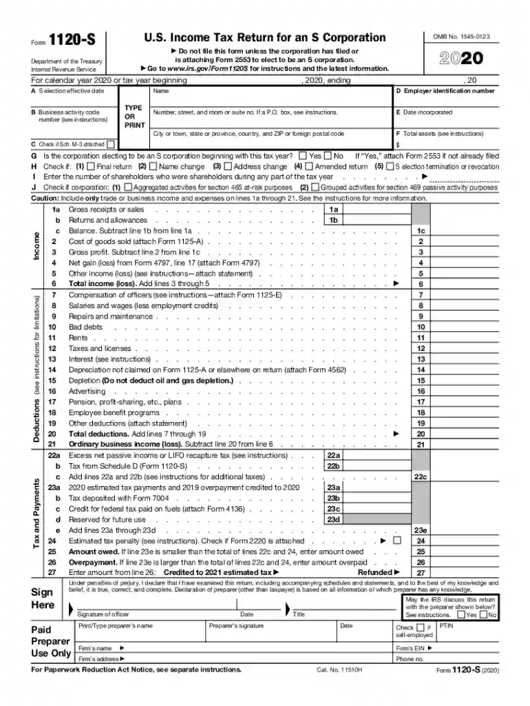 2020 irs form 1120s Preview on Page 1