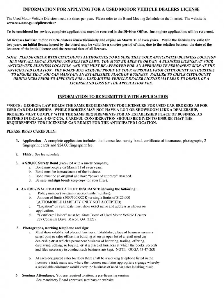 ga used motor vehicle board form Preview on Page 1