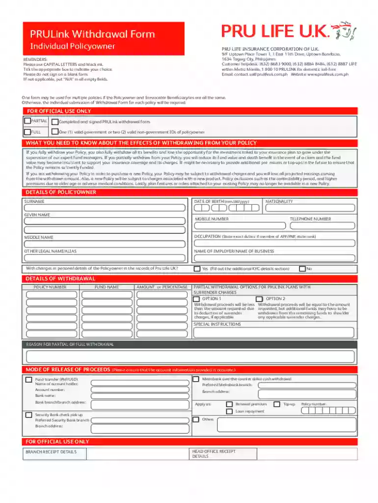 prulink withdrawal form Preview on Page 1