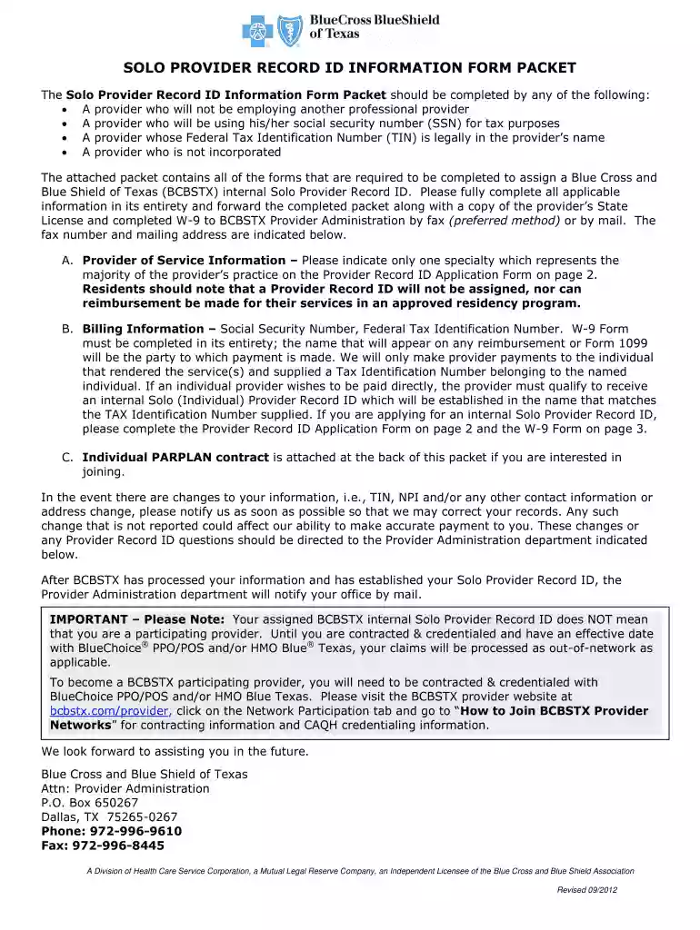 bcbstx provider onboarding form Preview on Page 1