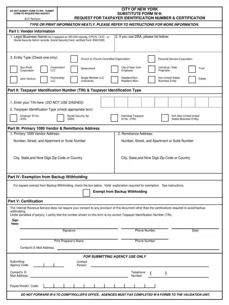 city of new york substitute form w 9 revision 907 2007 Preview on Page 1