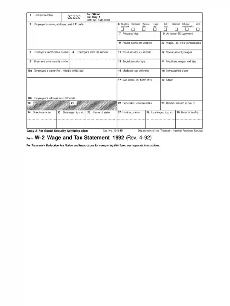 Form W-2 Wage and Tax Statement 1992 (Rev. 4-92) - irs Preview on Page 1