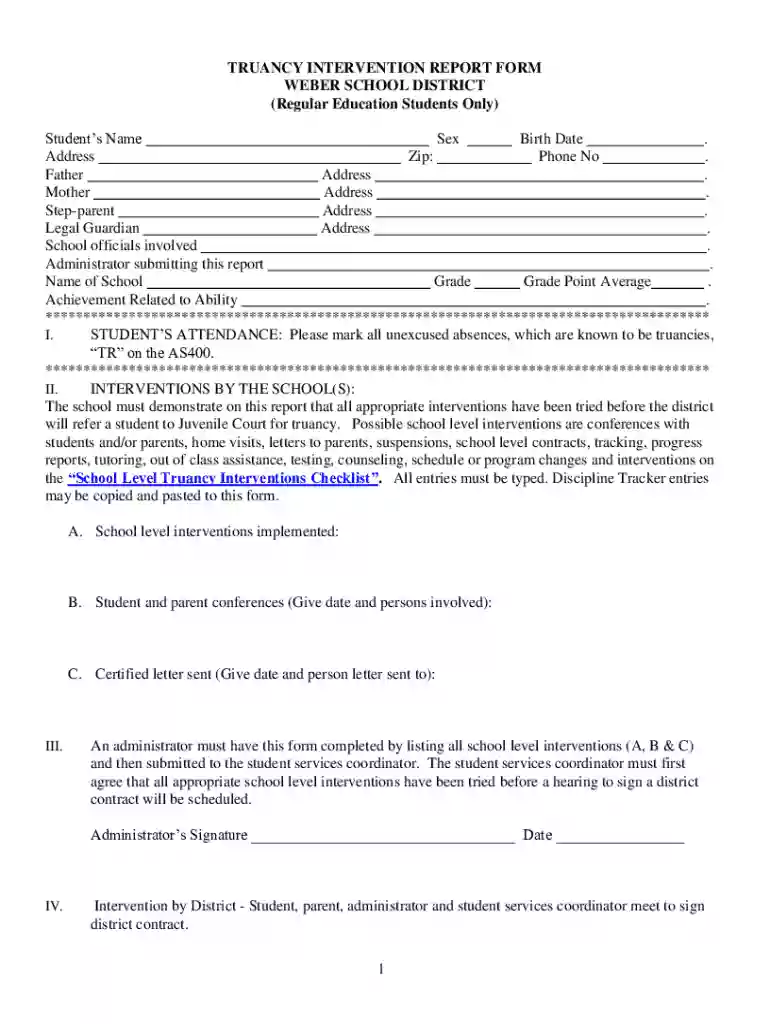 TRUANCY INTERVENTION REPORT FORM Preview on Page 1