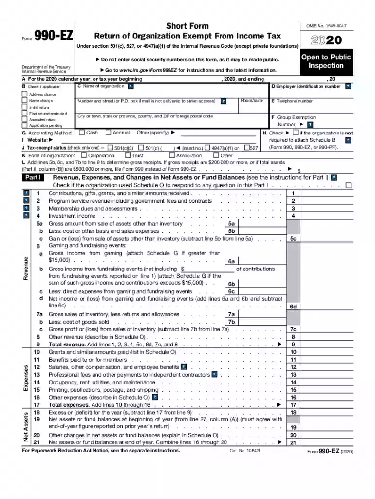 2020 form 990 ez Preview on Page 1