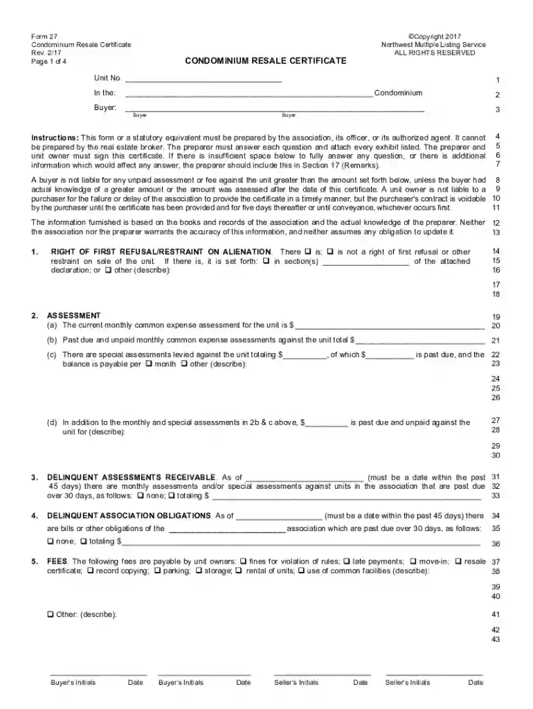 Condominium Resale Certificate Form - Fill Out and Sign ... Preview on Page 1