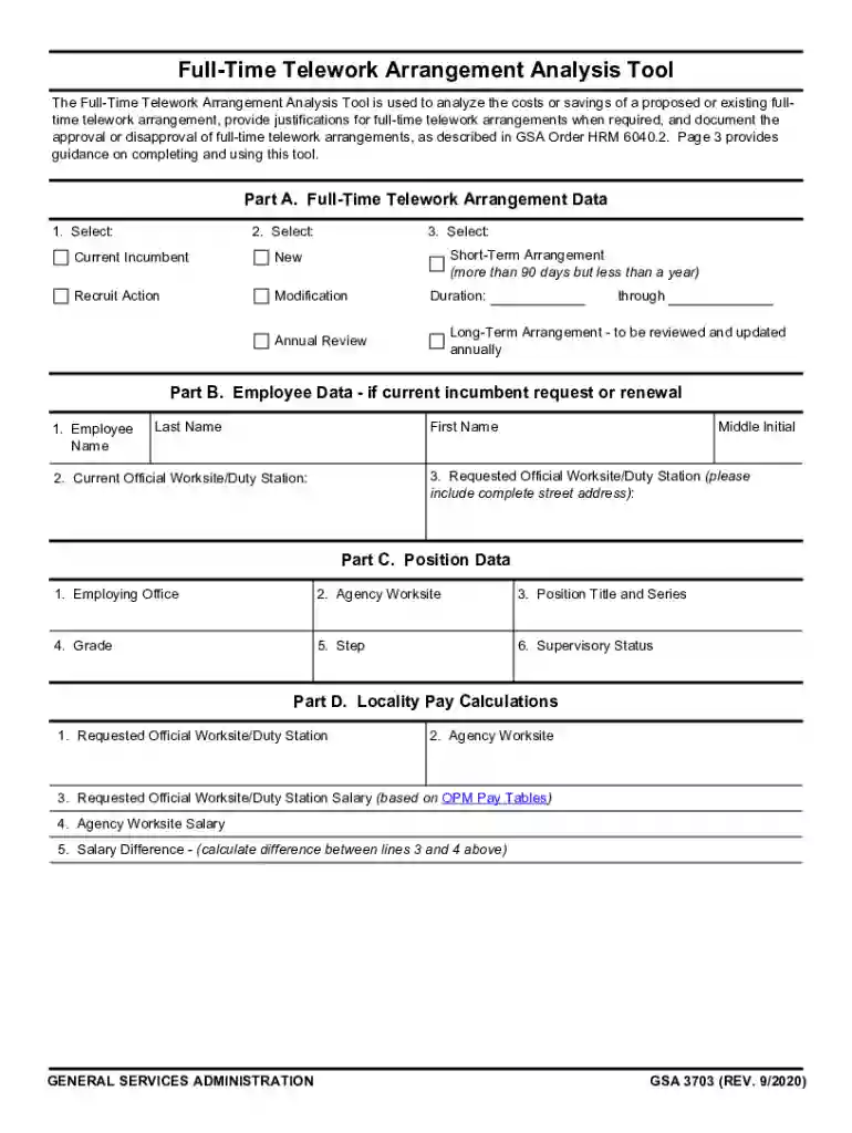 GSA Form 3703 "Full-Time Telework Arrangement Analysis Tool" Preview on Page 1