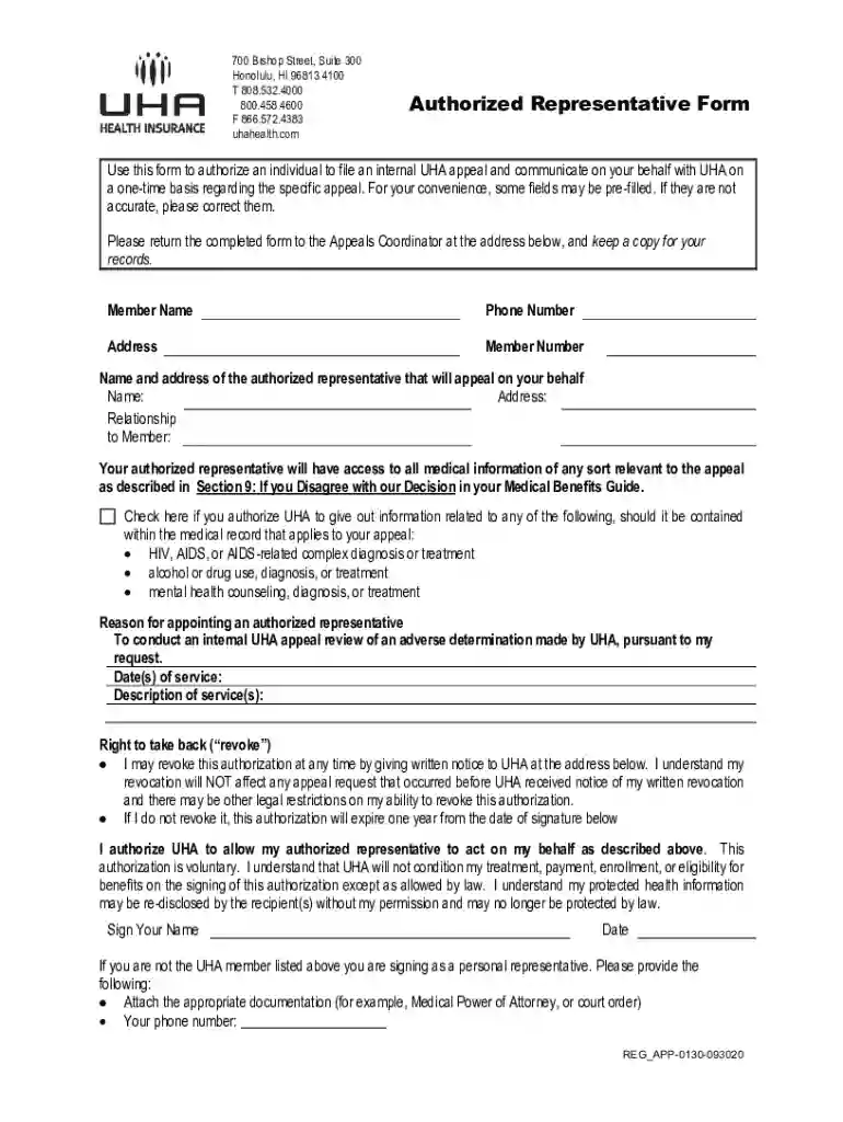 Use this form to authorize an individual to file an internal UHA appeal and communicate on your behalf with UHA on Preview on Page 1