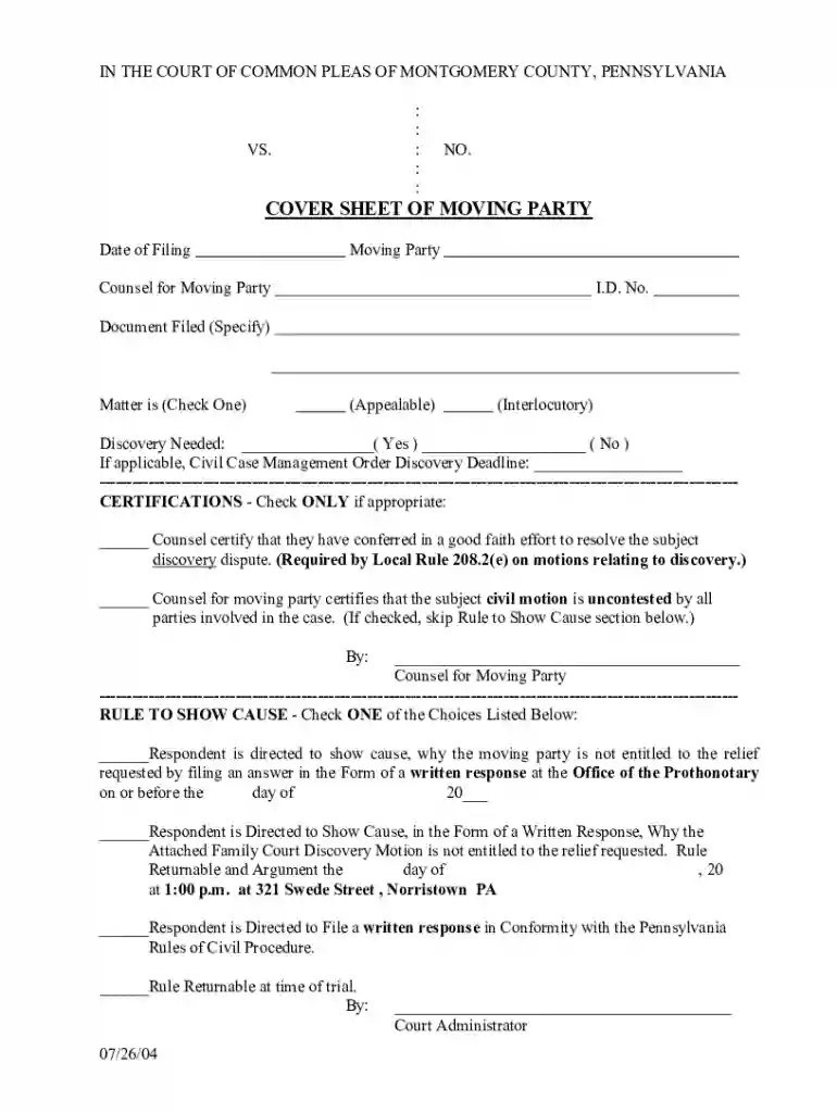 COVER SHEET OF RESPONDENT RULE - Montgomery County, PA Preview on Page 1