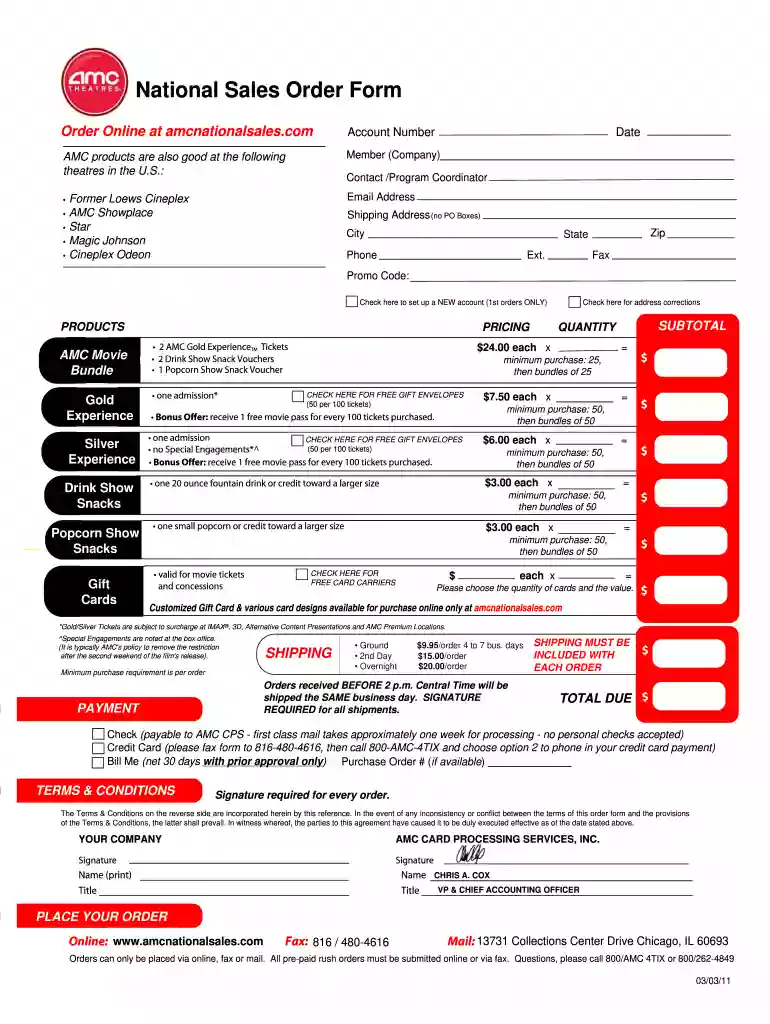 amc national sales order 2011 form Preview on Page 1