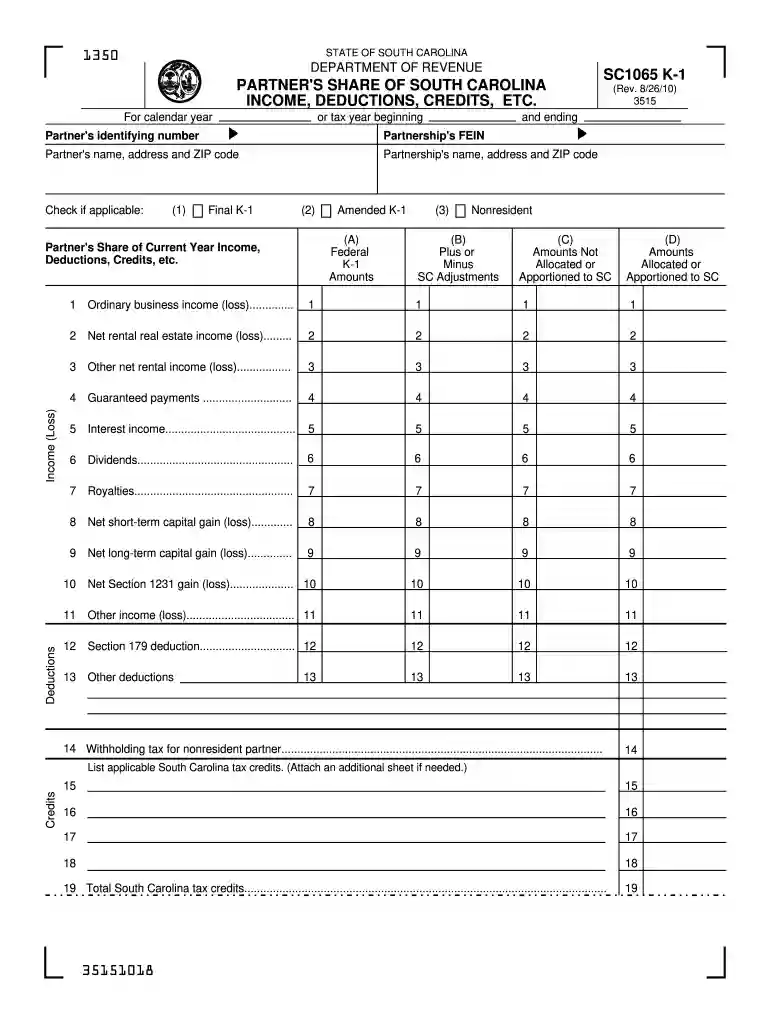 Sc fillable sc1065 2010 form Preview on Page 1