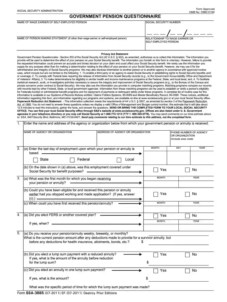 instructions for omb no 0960 0160 2011 form Preview on Page 1