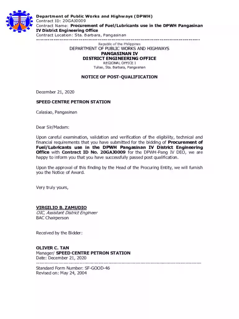 notice of post qualification sample Preview on Page 1