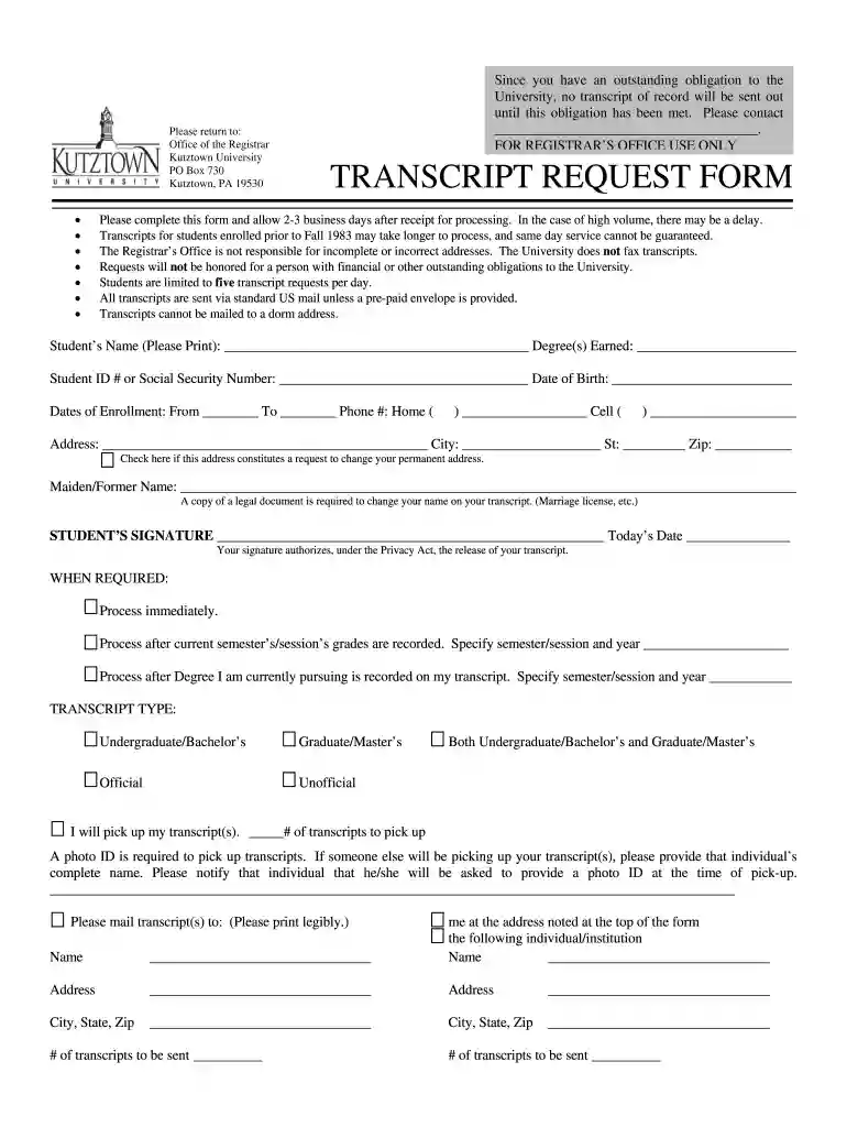 kutztown university transcript request Preview on Page 1