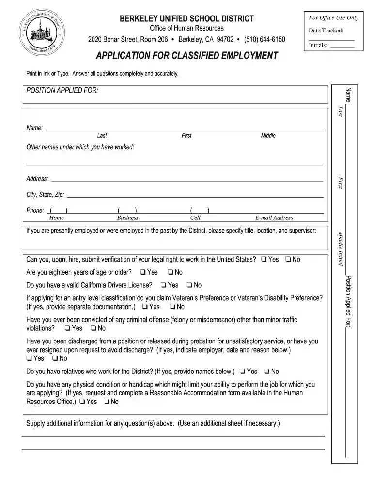 Application for classified employment - Berkeley Unified School District Preview on Page 1
