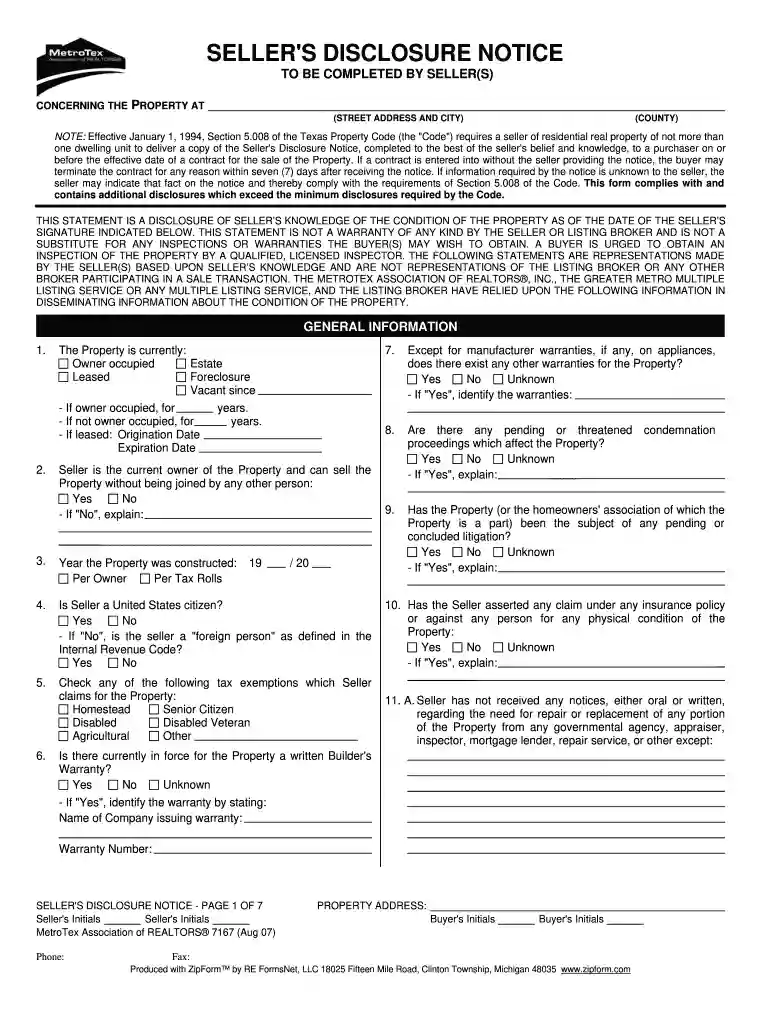 metrotex seller's disclosure form Preview on Page 1
