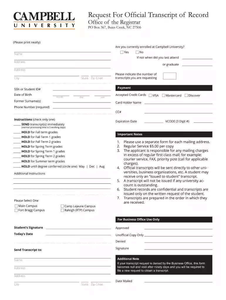 campbell university transcript request Preview on Page 1