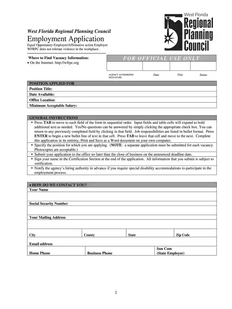 To download the WFRPC Employment Application - West Florida ... - wfrpc Preview on Page 1