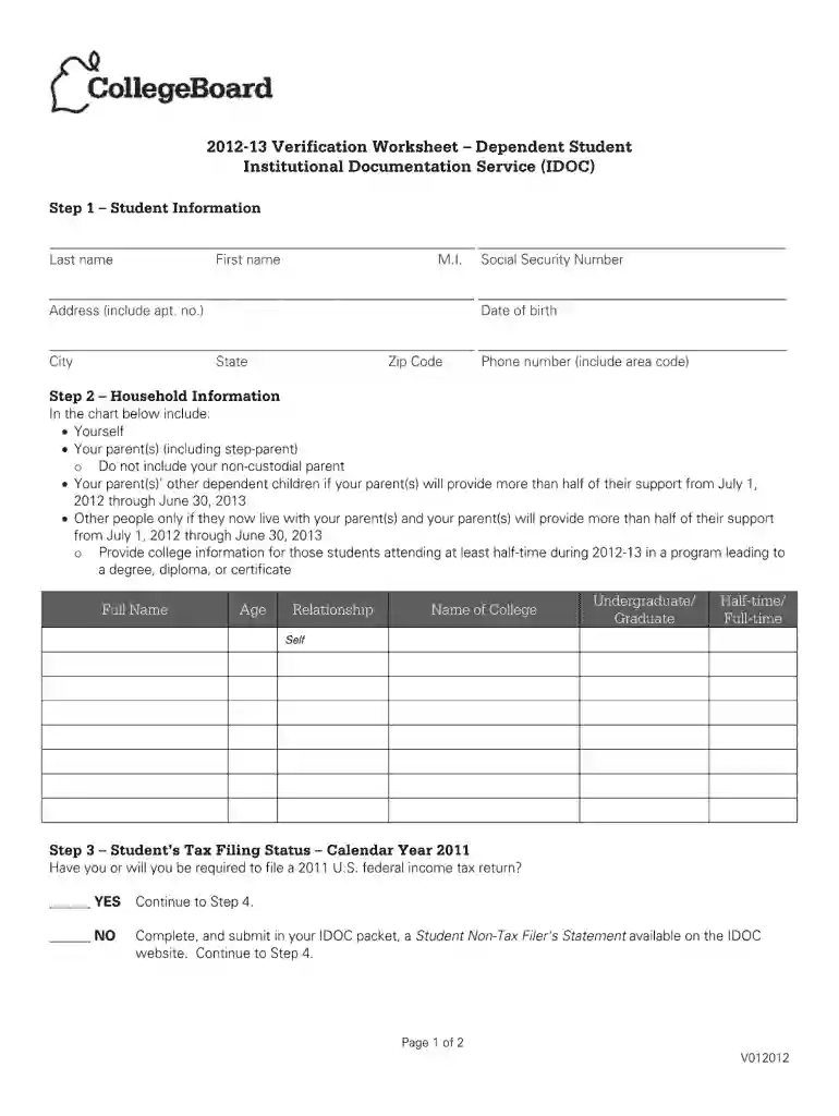 download independent verification worksheet for santa monica college 2012 form Preview on Page 1