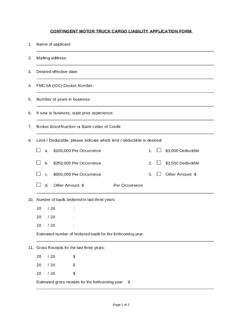 CONTINGENT MOTOR TRUCK CARGO LIABILITY APPLICATION FORM Preview on Page 1