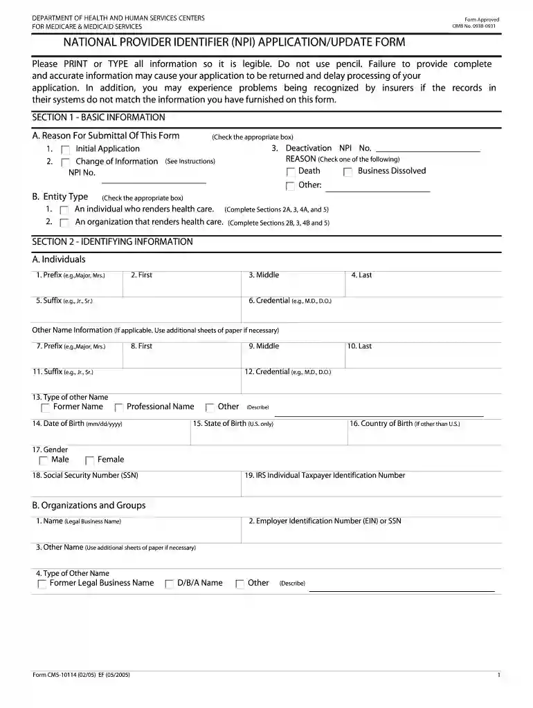 npi application form Preview on Page 1