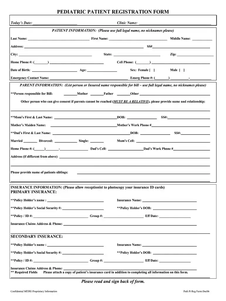 pediatric registration form Preview on Page 1