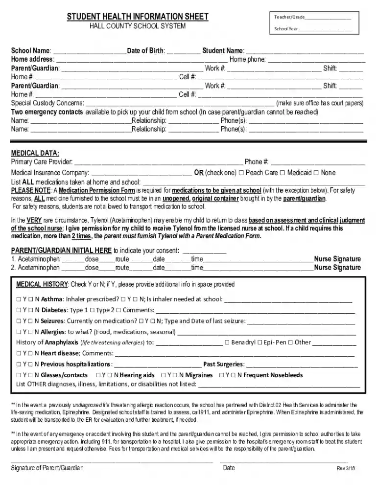 student health information sheet Preview on Page 1