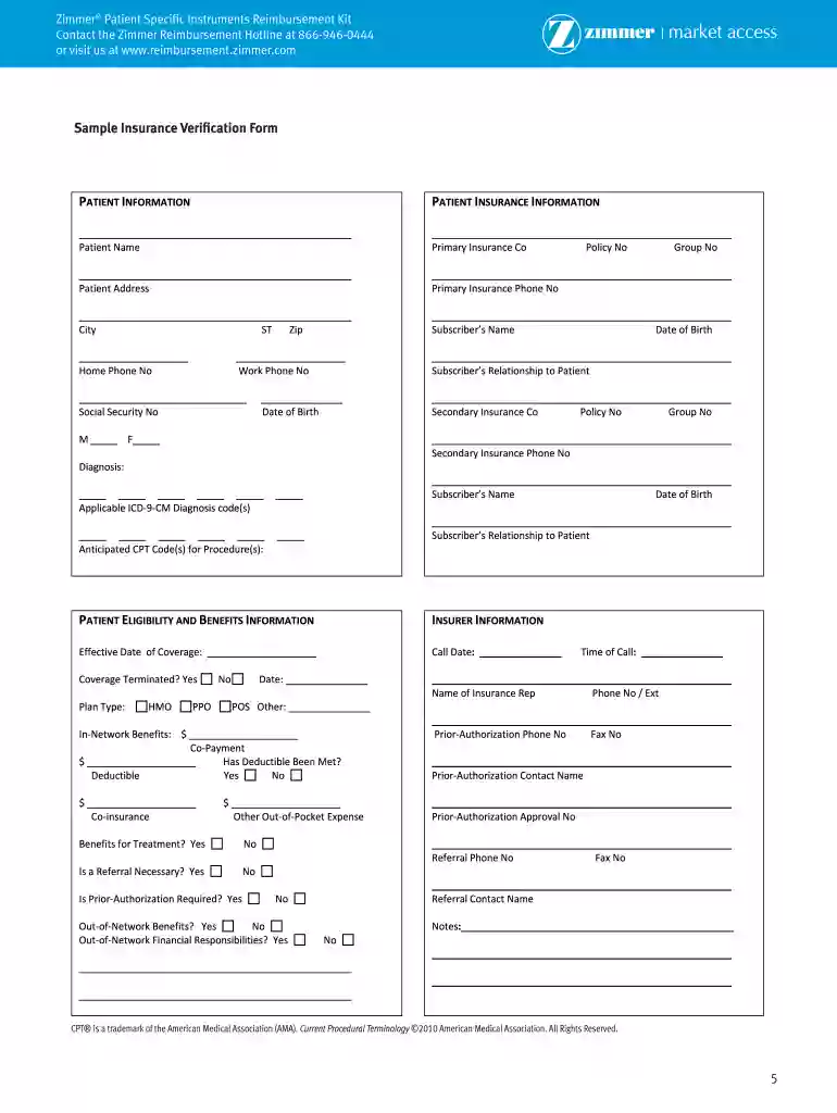 printable insurance verification form Preview on Page 1