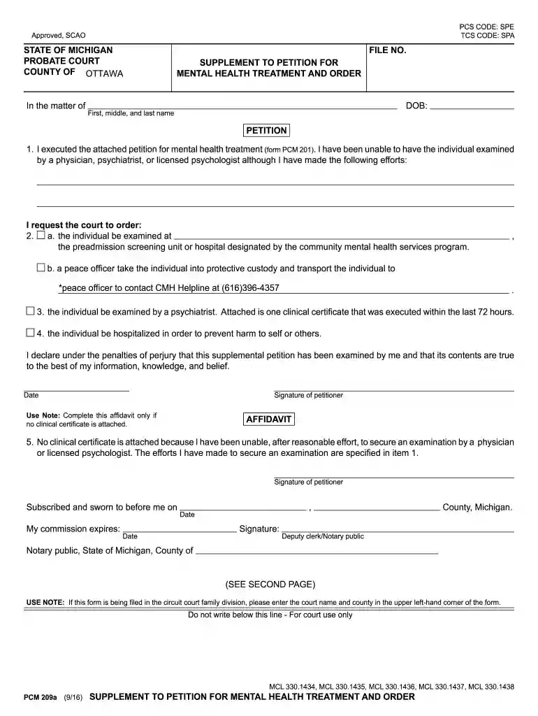 michigan involuntary commitment form Preview on Page 1