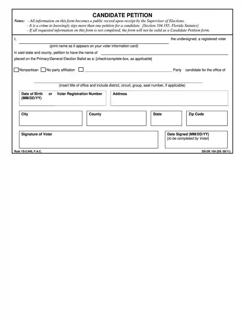 florida election petition form Preview on Page 1