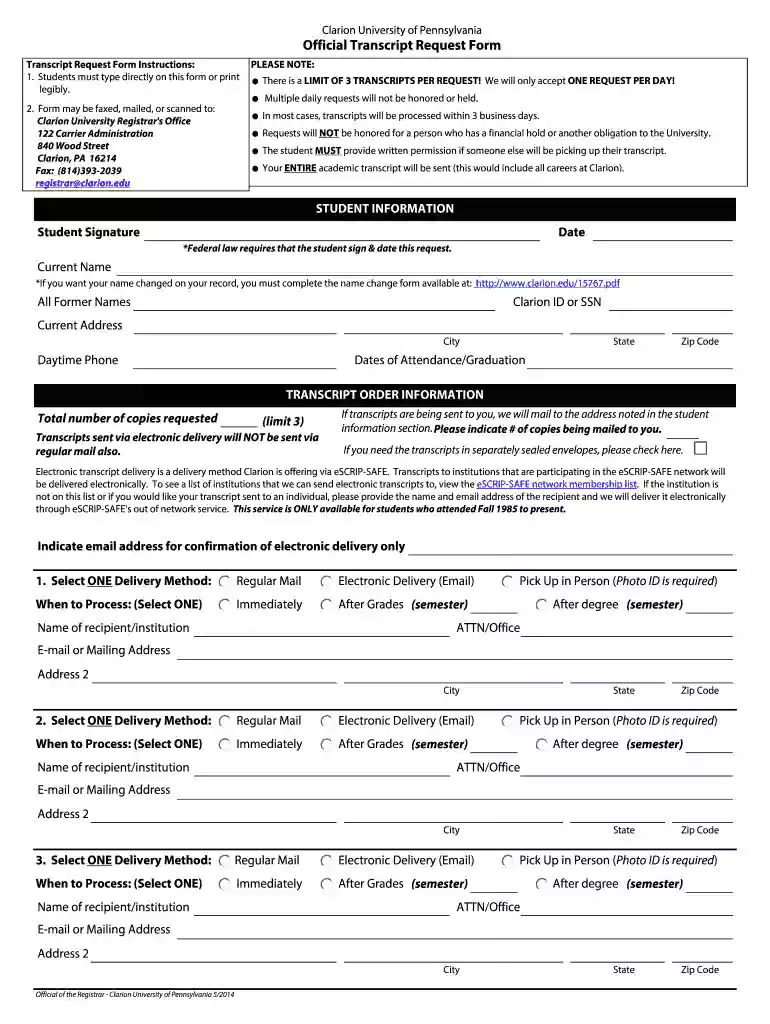 clarion university transcript request Preview on Page 1