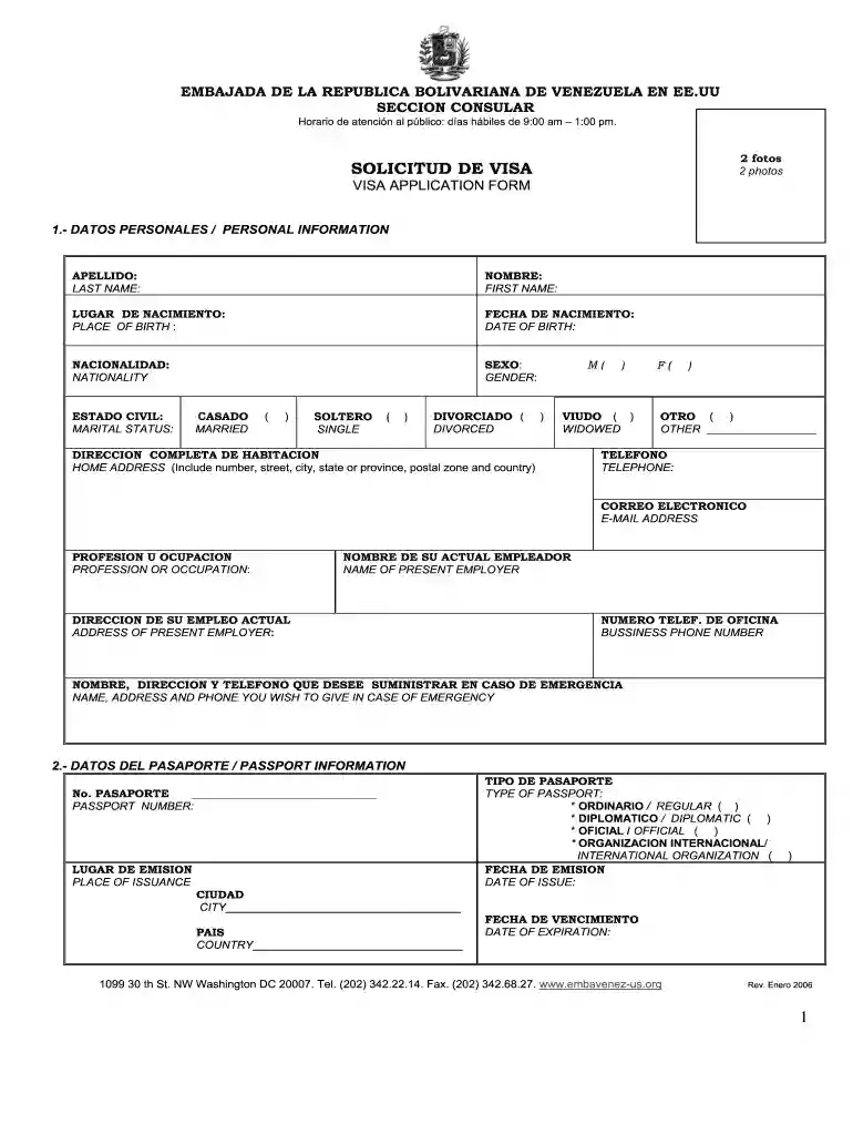 venezuela visa application form pdf Preview on Page 1
