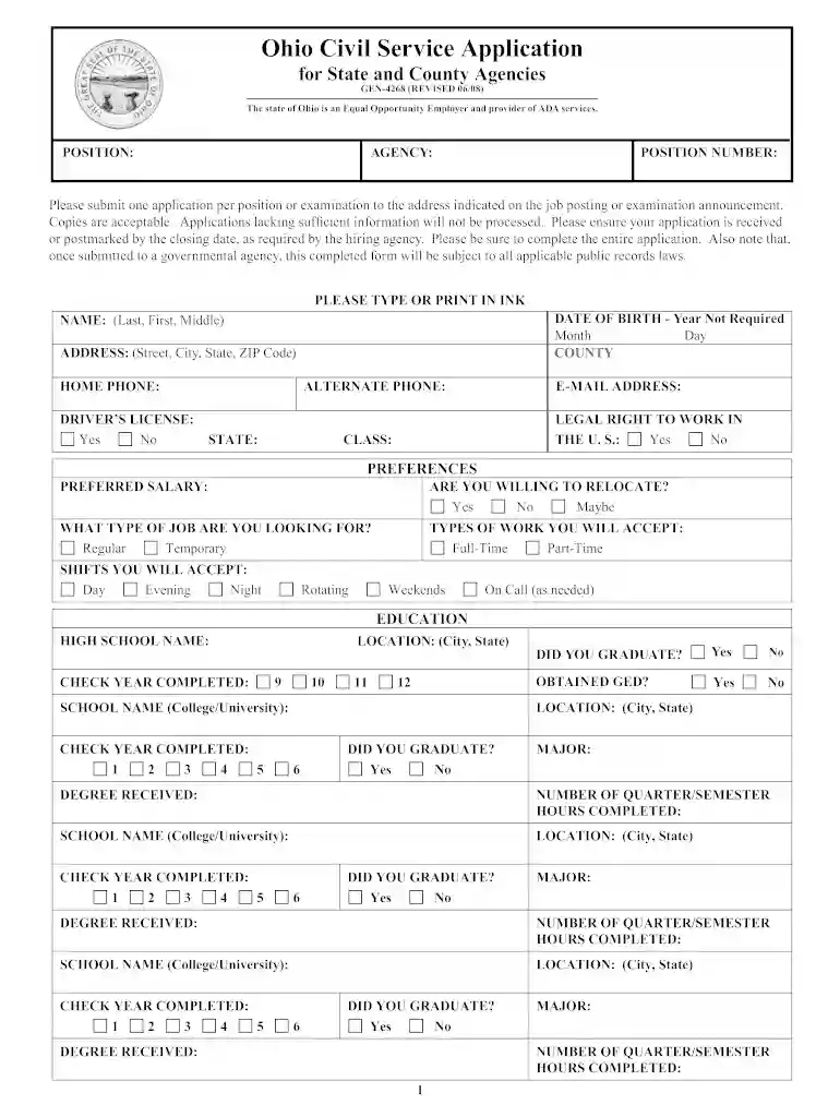 ohio civil service application for state and county agencies 2008 form Preview on Page 1
