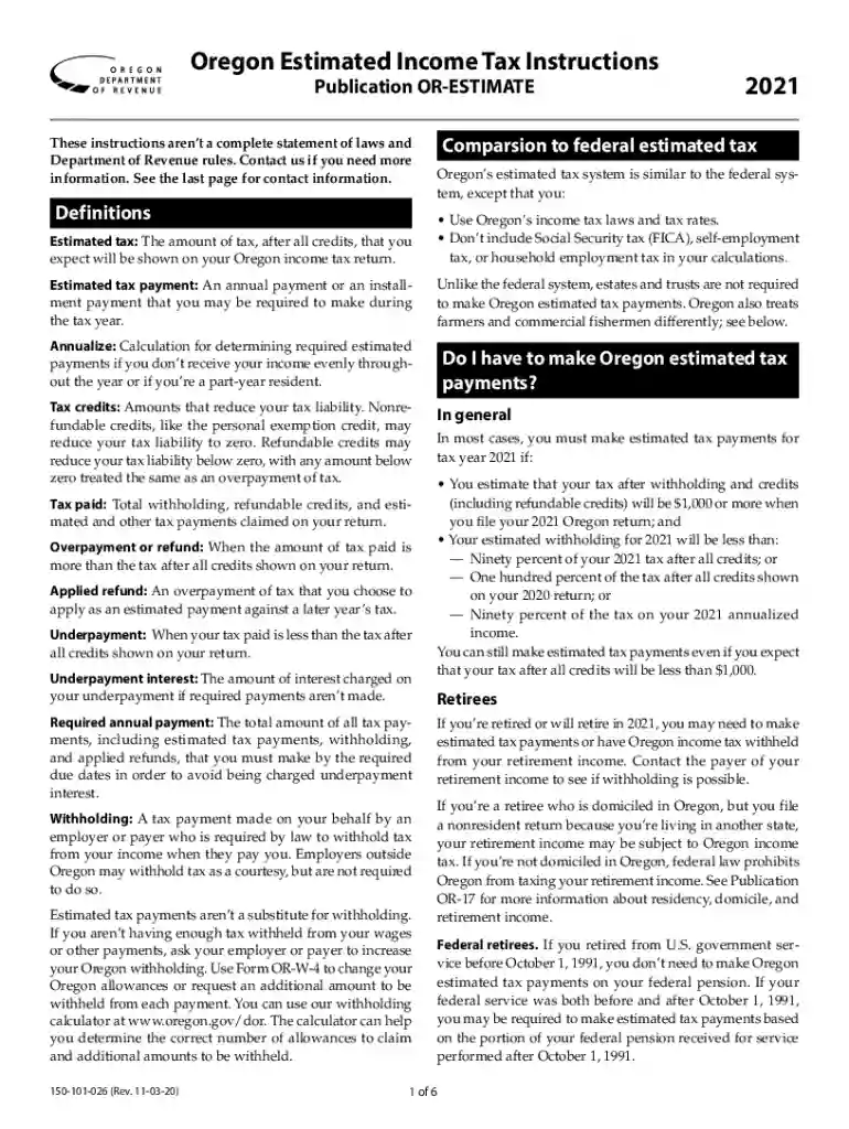 2021 Publication OR-ESTIMATE, Oregon Estimated Income Tax Instructions, 150-101-026 Preview on Page 1