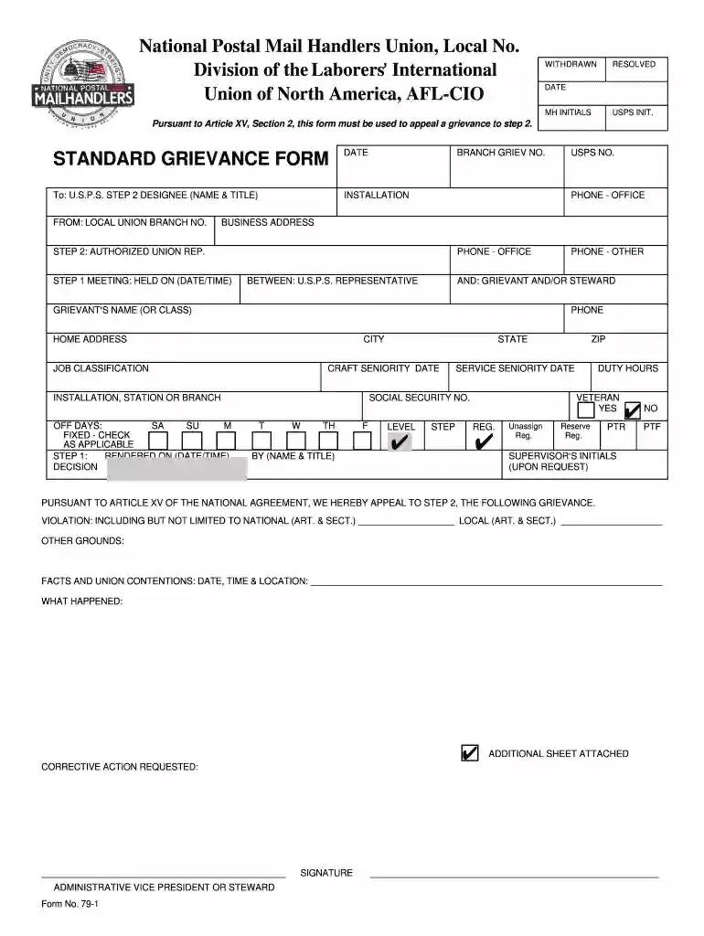 mail handler grievance form Preview on Page 1