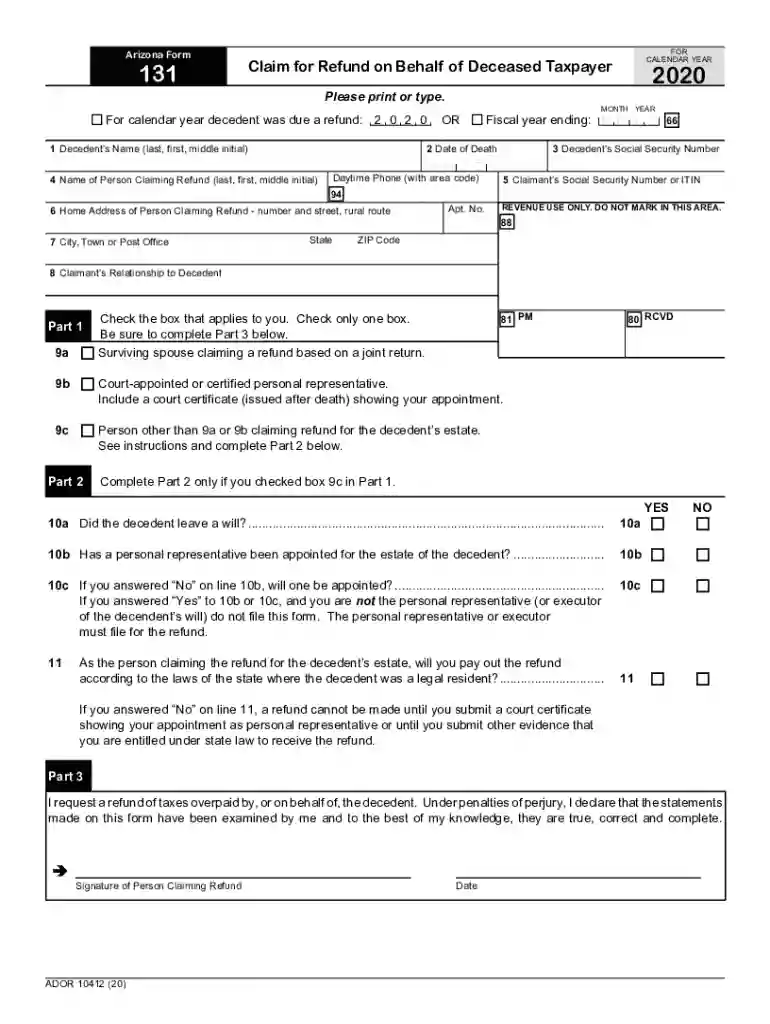 For calendar year decedent was due a refund: 2 0 2 0 OR Fiscal year ending: M M Y Y Preview on Page 1