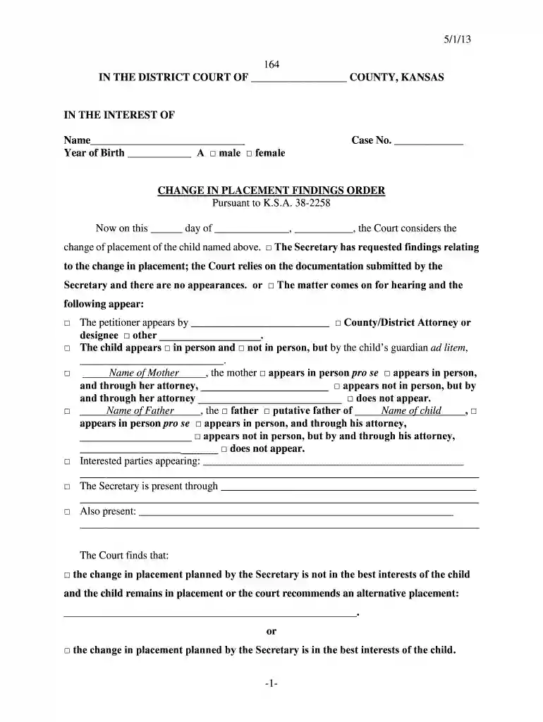 CHANGE IN PLACEMENT FINDINGS ORDER - kansasjudicialcouncil Preview on Page 1