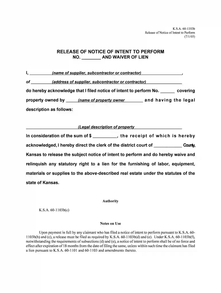 kansas release notice perform lien Preview on Page 1