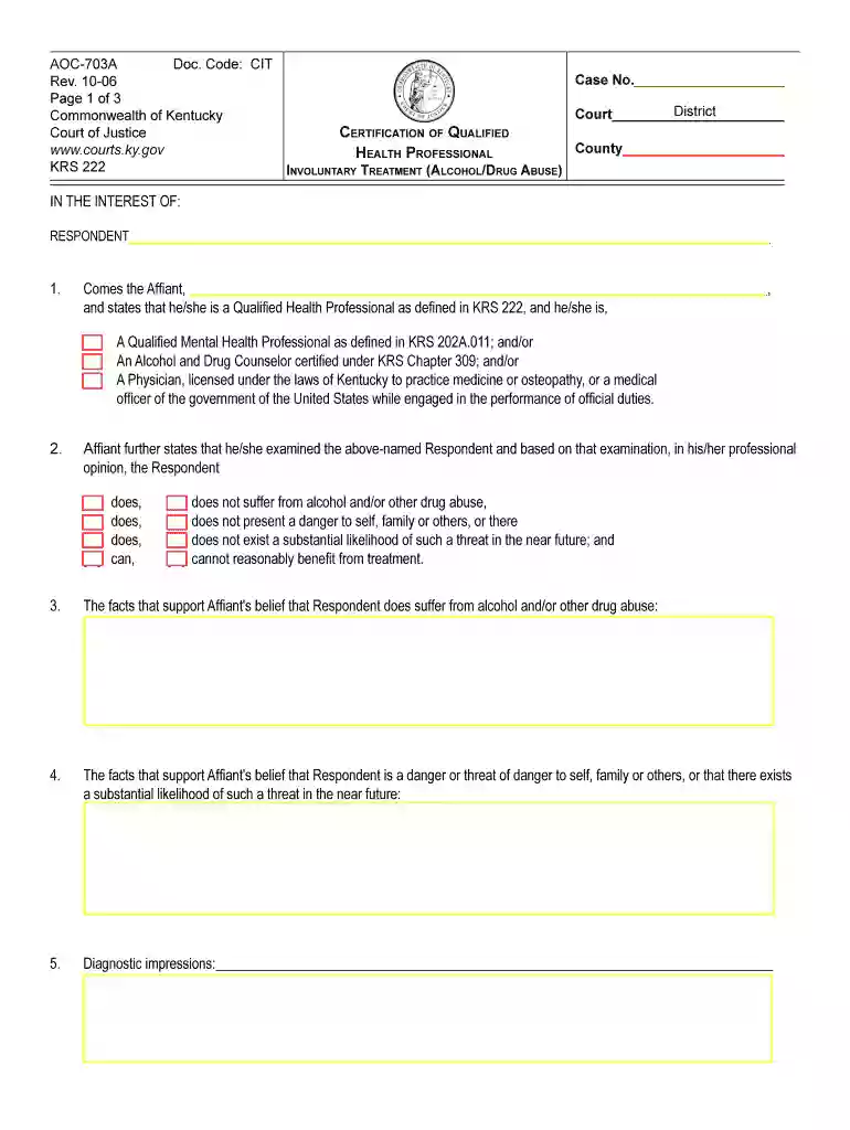 Certification of Qualifies Health Professional Involuntary Treatment - courts ky Preview on Page 1