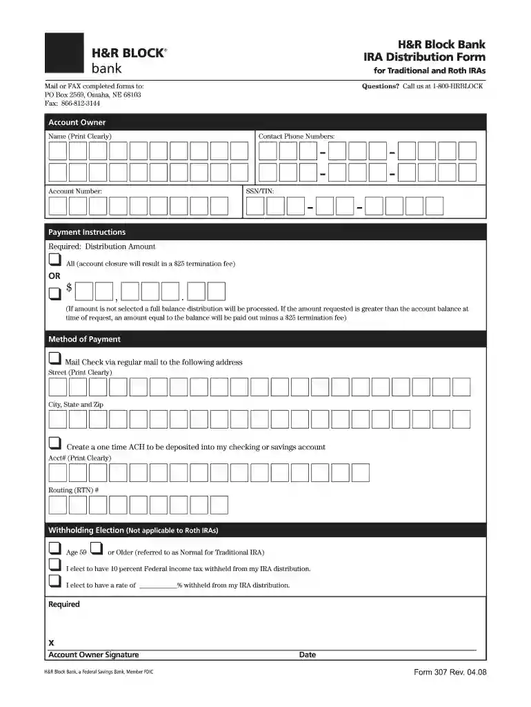 $ , . H&R Block Bank IRA Distribution Form Preview on Page 1