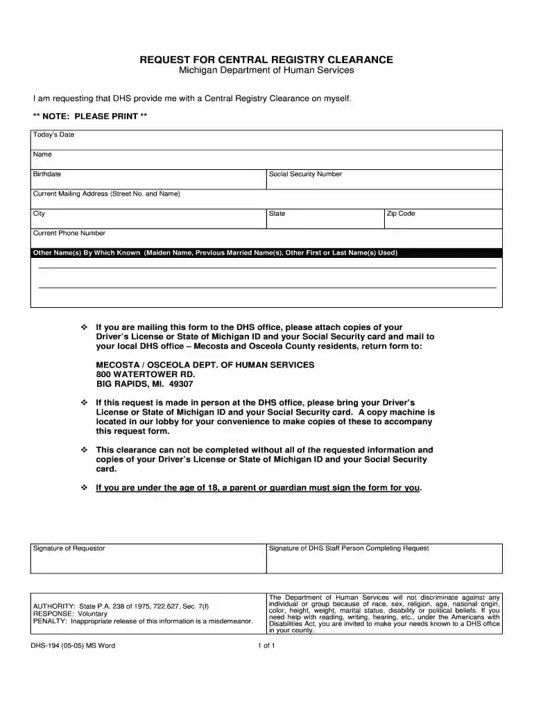 central registry michigan search Preview on Page 1