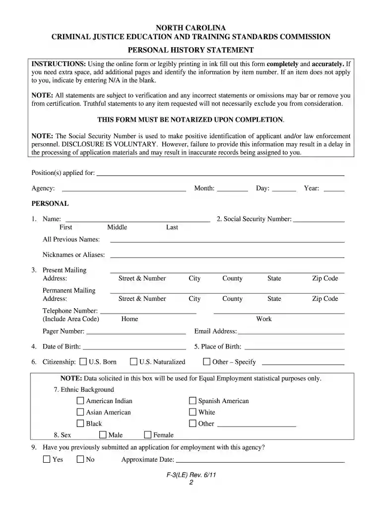 north carolina criminal justice education and training standards commission personal history statement revised 611 2011 form Preview on Page 1