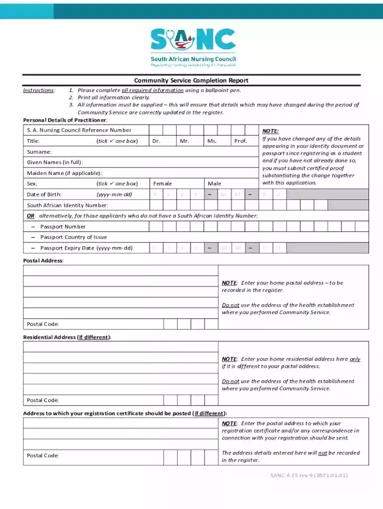 sanc community service completion form Preview on Page 1
