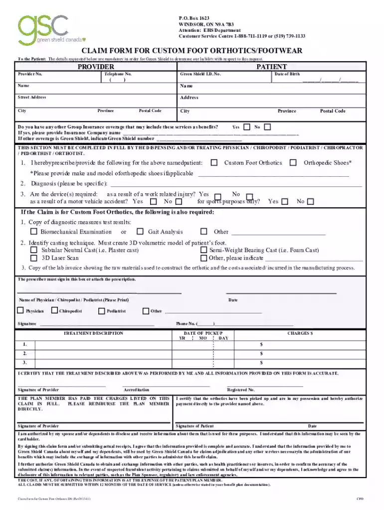 claim orthotics form Preview on Page 1