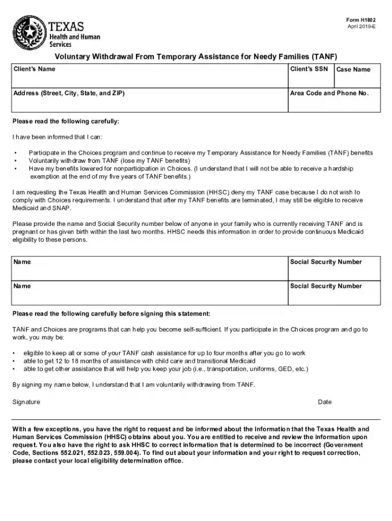 Form H1802, Voluntary Withdrawal from Temporary Assistance Preview on Page 1