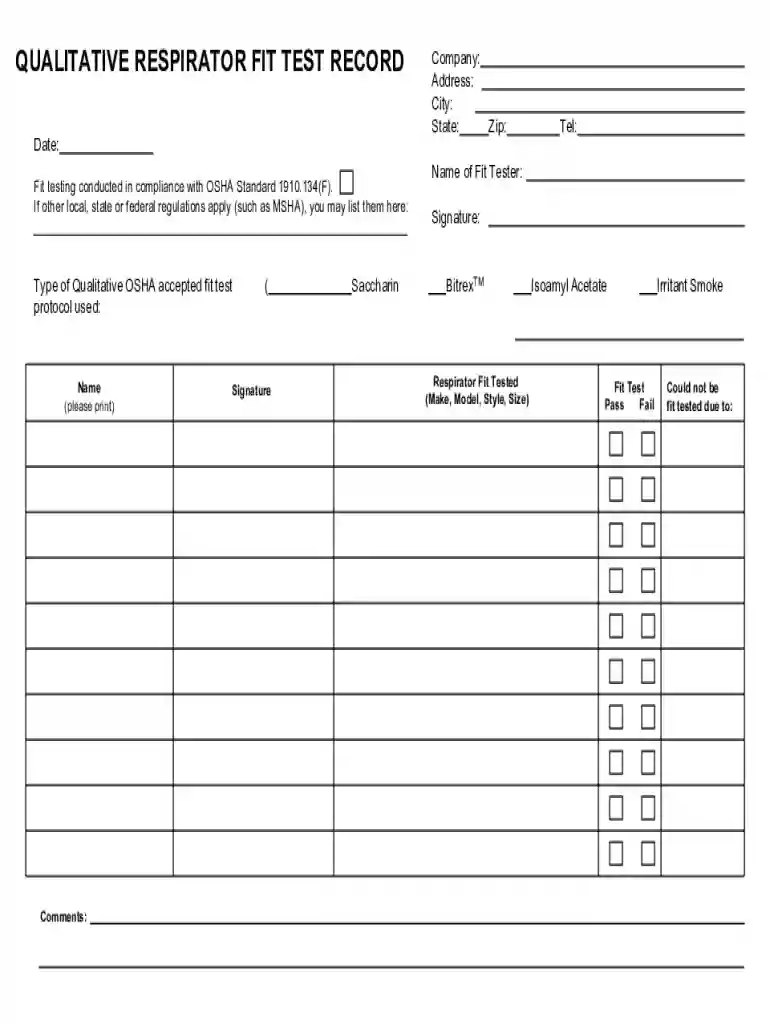 respirator fit test form Preview on Page 1
