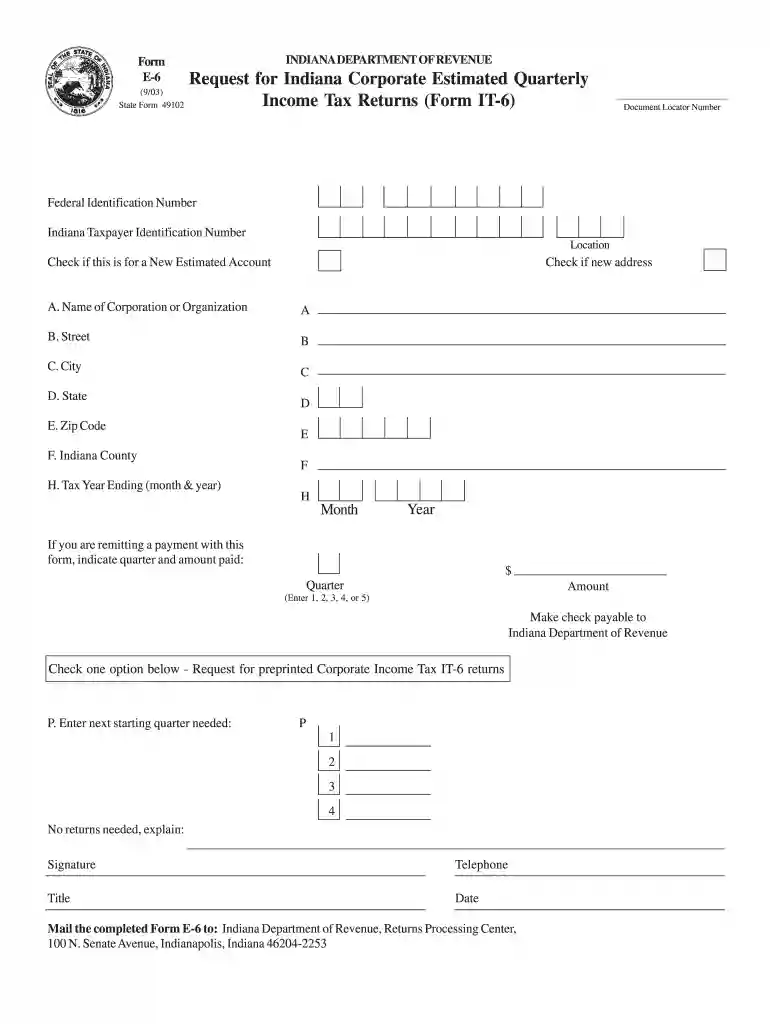 Indiana fillable e 6 2003 form Preview on Page 1