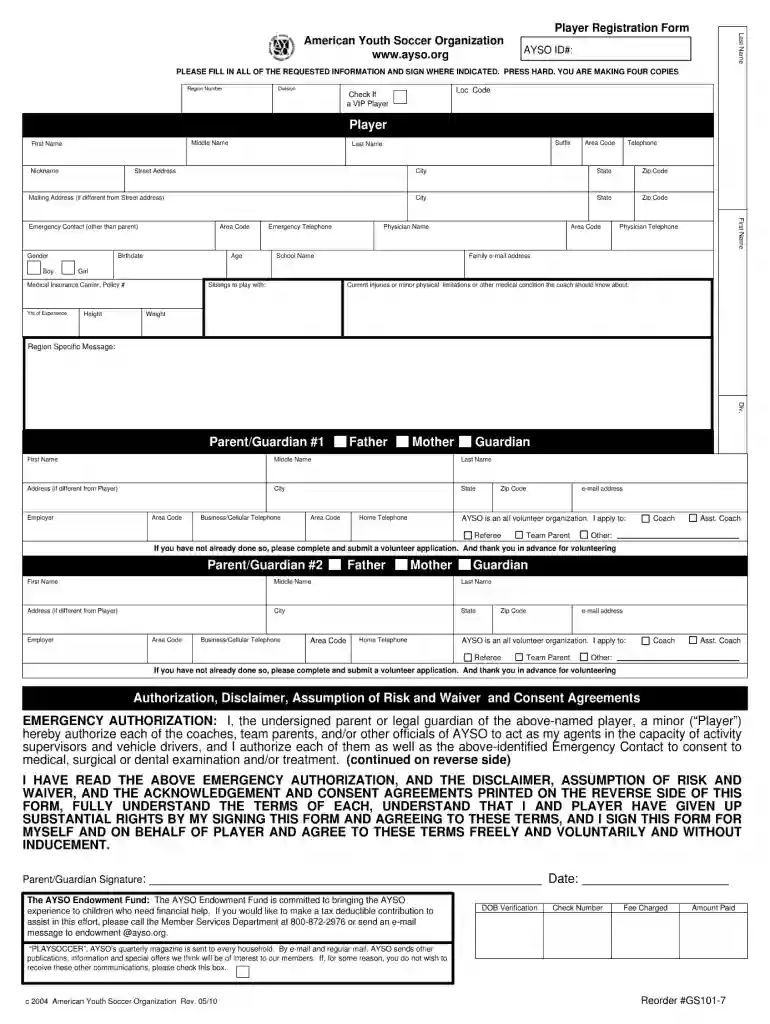 ayso 64 2010 form Preview on Page 1