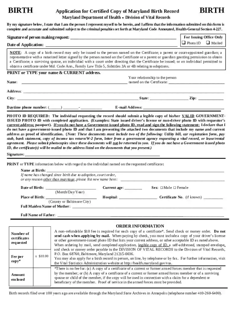 maryland birth certificate sample Preview on Page 1