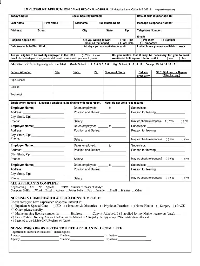 regional hospital application form Preview on Page 1