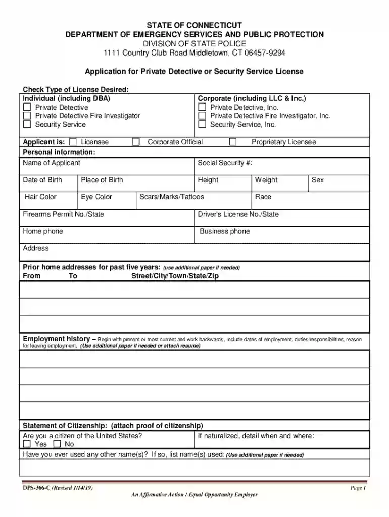 detective application form Preview on Page 1